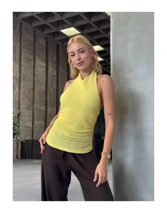 Halter Yaka Sırt Dekolteli Crop Bluz Sarı