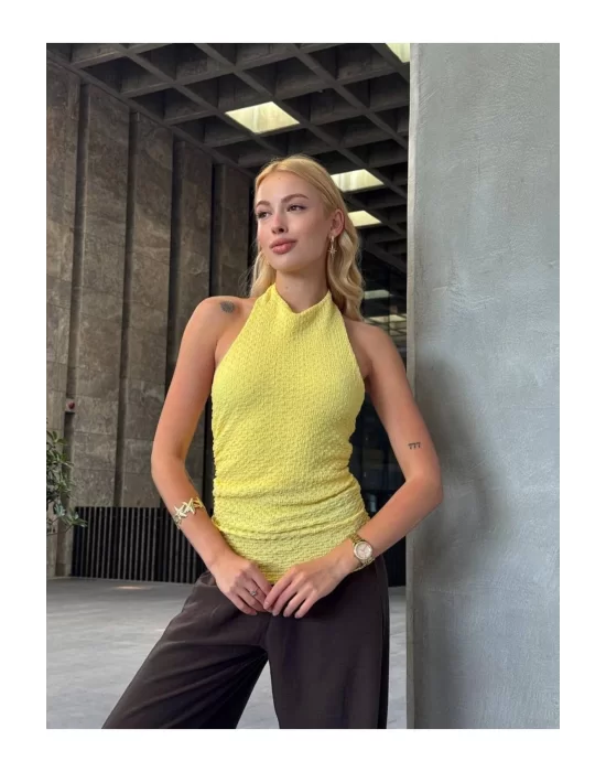 Halter Yaka Sırt Dekolteli Crop Bluz Sarı