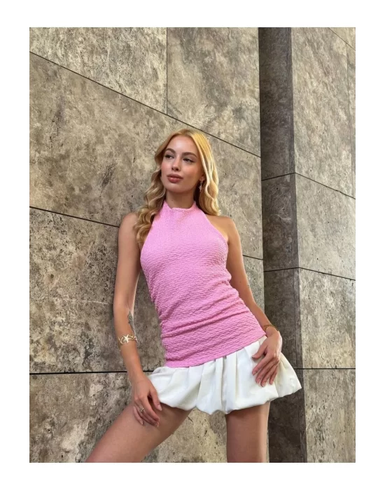 Halter Yaka Sırt Dekolteli Crop Bluz Pembe