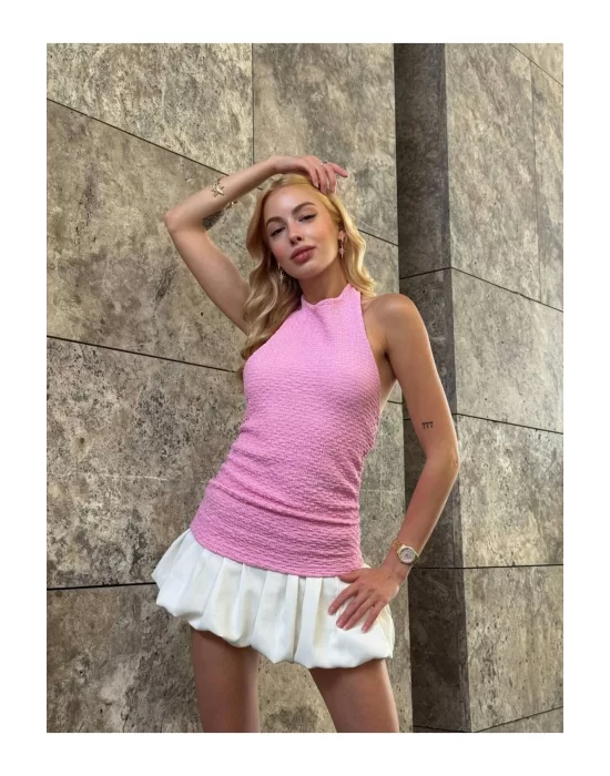 Halter Yaka Sırt Dekolteli Crop Bluz Pembe