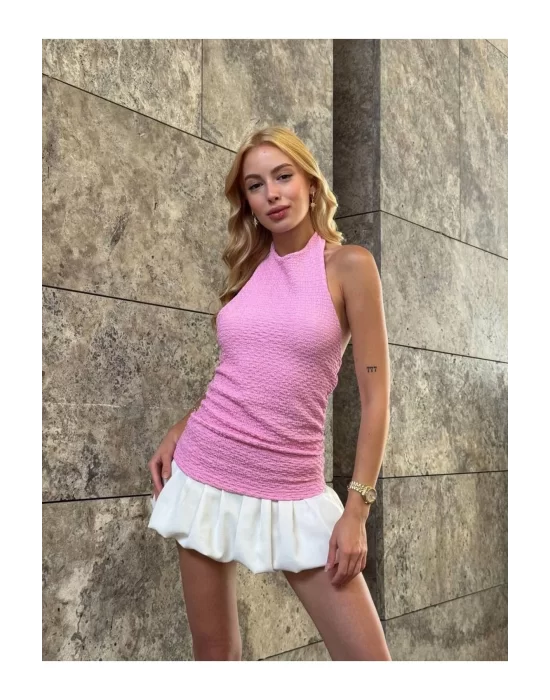 Halter Yaka Sırt Dekolteli Crop Bluz Pembe
