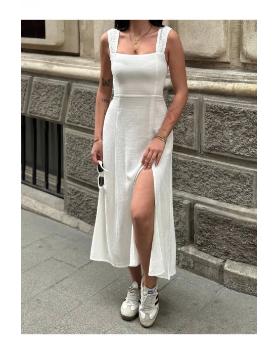Bağcıklı Sırt Detaylı Yırtmaçlı Keten Maxi Elbise – Yazlık Şıklık