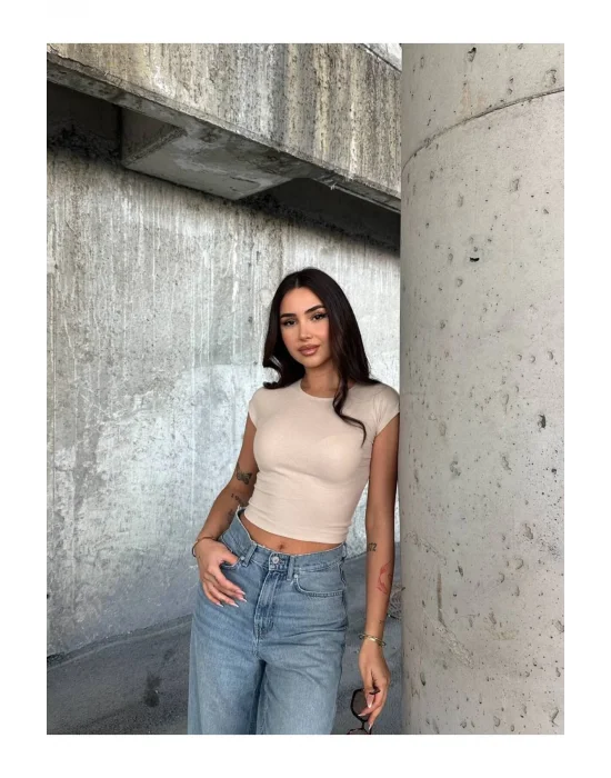 Kadın Likralı Basic Crop Tişört