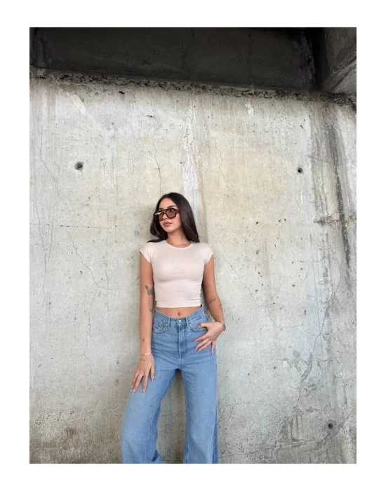 Kadın Likralı Basic Crop Tişört