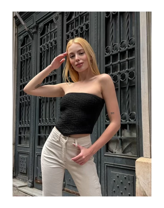 Straplez Desenli Triko Büstiyer Top - Yazlık Kadın Crop