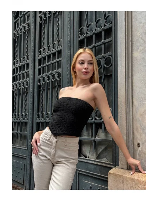 Straplez Desenli Triko Büstiyer Top - Yazlık Kadın Crop