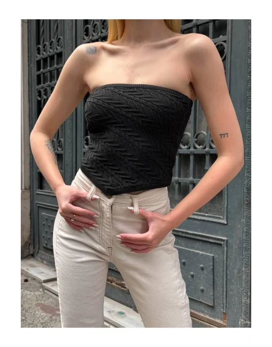 Straplez Desenli Triko Büstiyer Top - Yazlık Kadın Crop