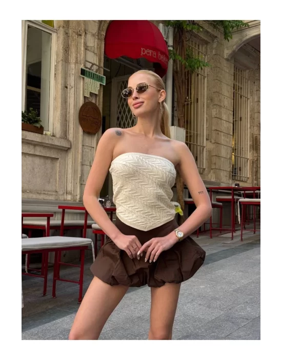 Straplez Desenli Triko Büstiyer Top - Yazlık Kadın Crop