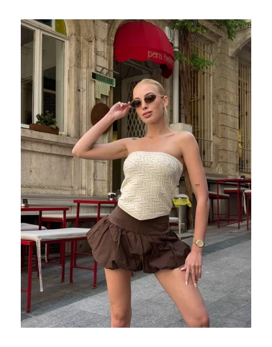 Straplez Desenli Triko Büstiyer Top - Yazlık Kadın Crop