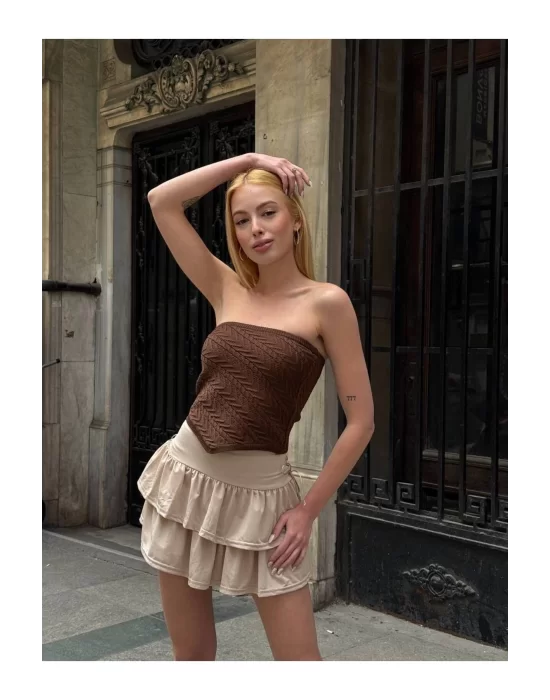 Straplez Desenli Triko Büstiyer Top - Yazlık Kadın Crop