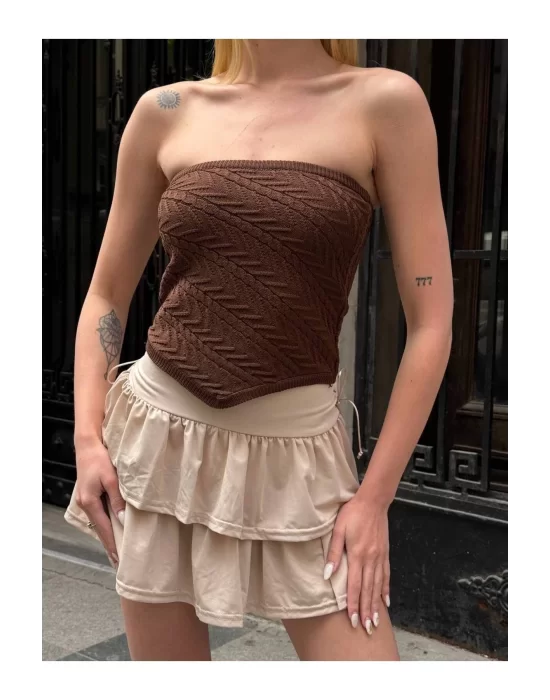 Straplez Desenli Triko Büstiyer Top - Yazlık Kadın Crop