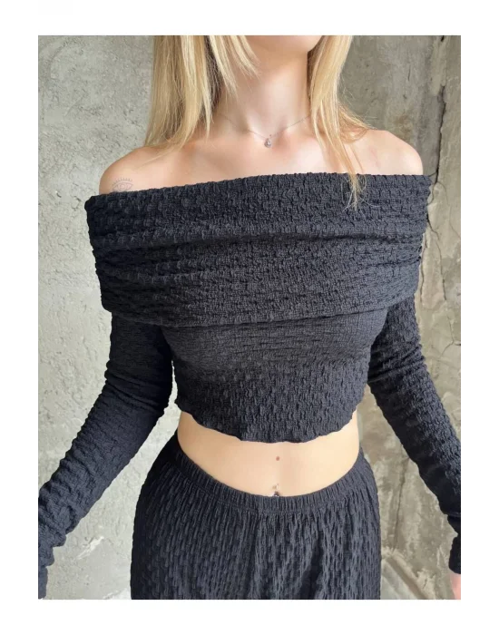 Madonna Yaka Gofre Kumaş Crop Bluz - Kadın Yeni Model
