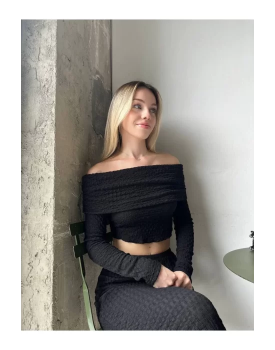 Madonna Yaka Gofre Kumaş Crop Bluz - Kadın Yeni Model