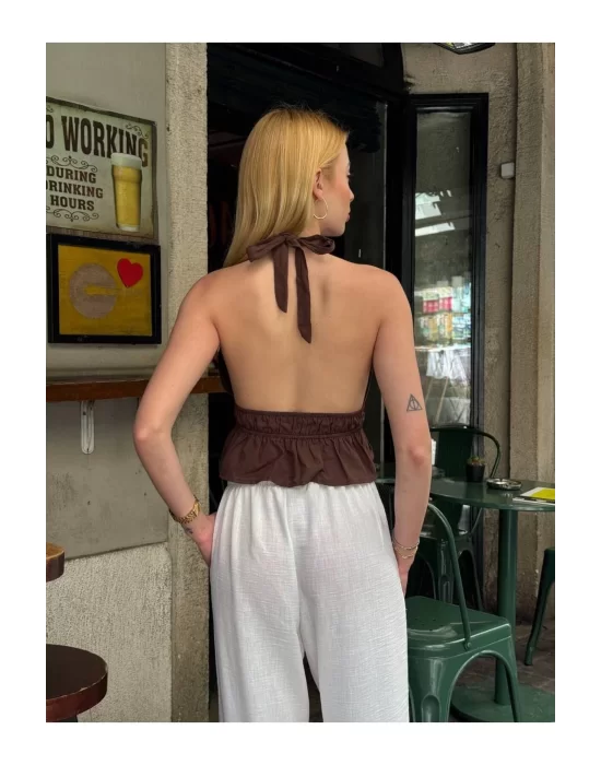 Kadın Pamuk Keten Sırt Dekolteli Halter Yaka Bağlamalı Crop Bluz
