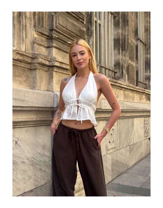 Kadın Pamuk Keten Sırt Dekolteli Halter Yaka Bağlamalı Crop Bluz