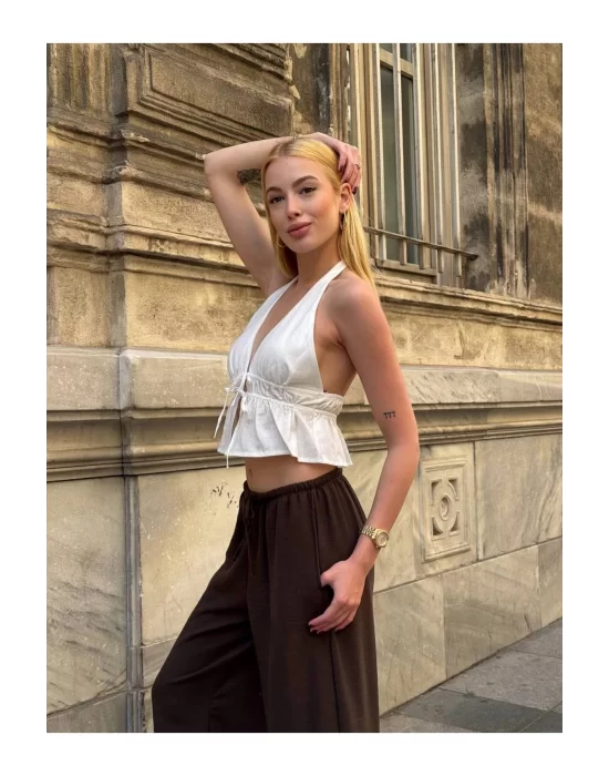 Kadın Pamuk Keten Sırt Dekolteli Halter Yaka Bağlamalı Crop Bluz