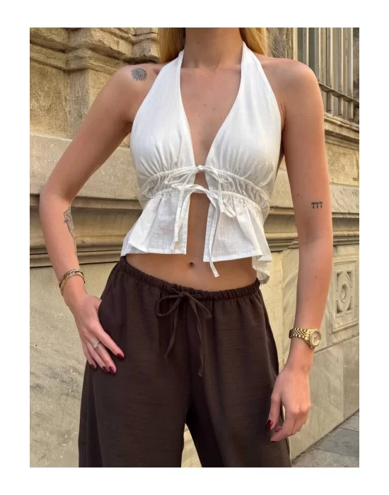 Kadın Pamuk Keten Sırt Dekolteli Halter Yaka Bağlamalı Crop Bluz