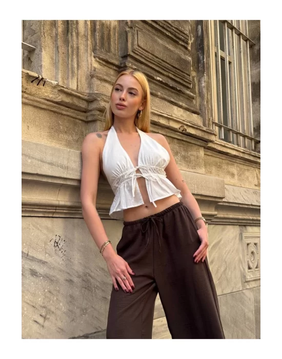Kadın Pamuk Keten Sırt Dekolteli Halter Yaka Bağlamalı Crop Bluz