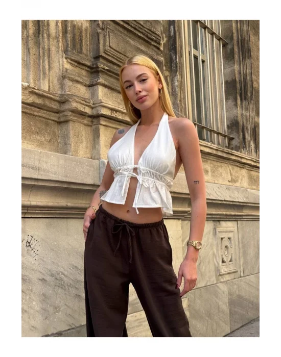 Kadın Pamuk Keten Sırt Dekolteli Halter Yaka Bağlamalı Crop Bluz
