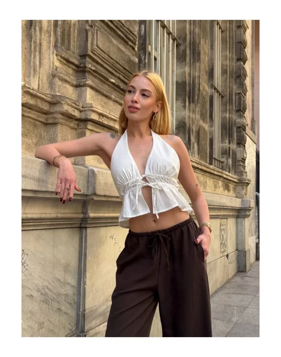 Kadın Pamuk Keten Sırt Dekolteli Halter Yaka Bağlamalı Crop Bluz