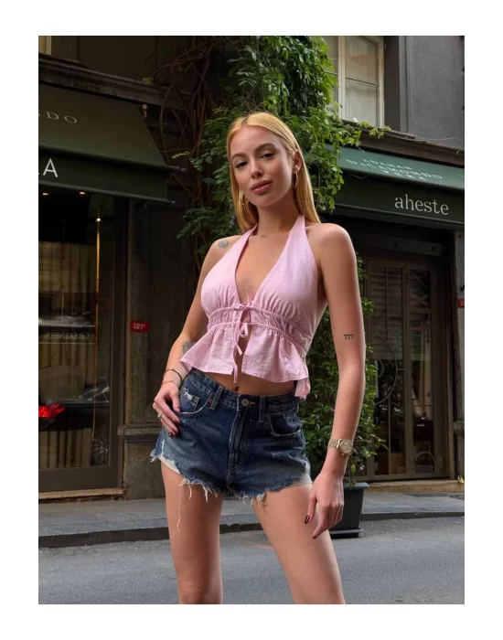 Kadın Pamuk Keten Sırt Dekolteli Halter Yaka Bağlamalı Crop Bluz