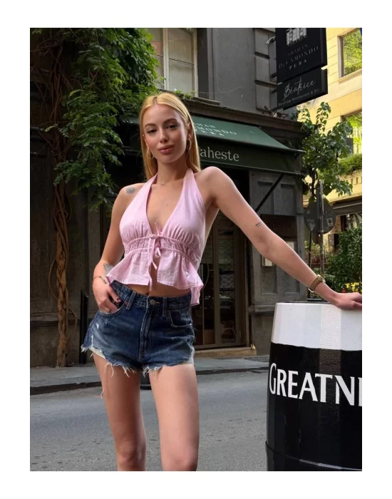 Kadın Pamuk Keten Sırt Dekolteli Halter Yaka Bağlamalı Crop Bluz