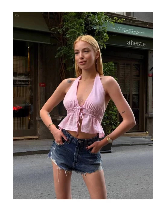 Kadın Pamuk Keten Sırt Dekolteli Halter Yaka Bağlamalı Crop Bluz