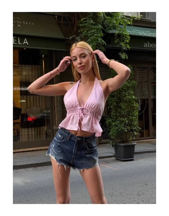 Kadın Pamuk Keten Sırt Dekolteli Halter Yaka Bağlamalı Crop Bluz
