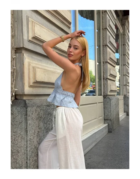 Kadın Pamuk Keten Sırt Dekolteli Halter Yaka Bağlamalı Crop Bluz