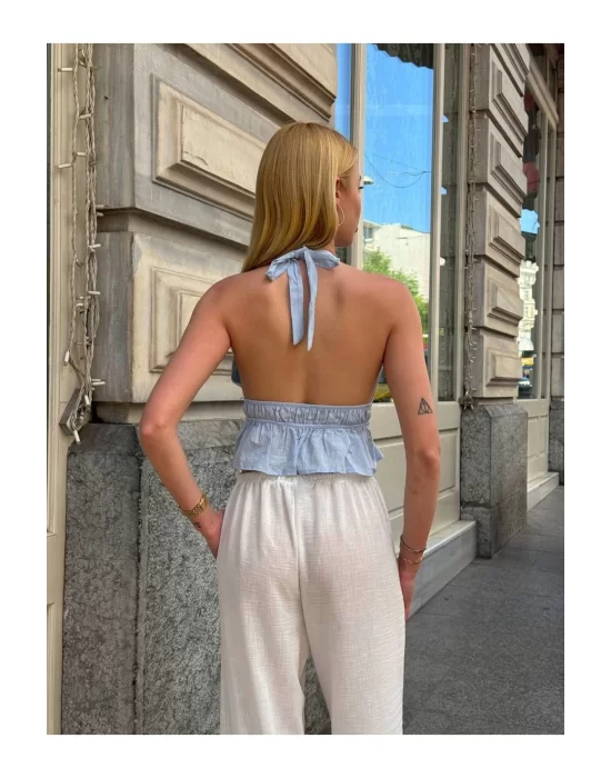 Kadın Pamuk Keten Sırt Dekolteli Halter Yaka Bağlamalı Crop Bluz