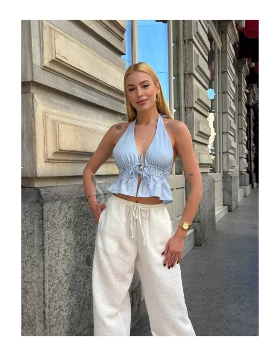 Kadın Pamuk Keten Sırt Dekolteli Halter Yaka Bağlamalı Crop Bluz