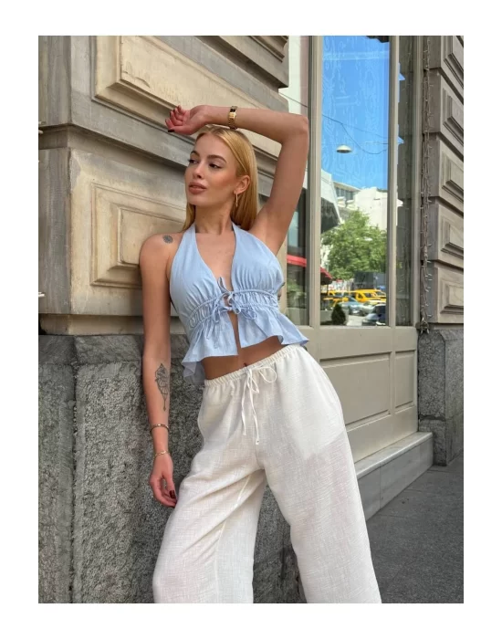 Kadın Pamuk Keten Sırt Dekolteli Halter Yaka Bağlamalı Crop Bluz