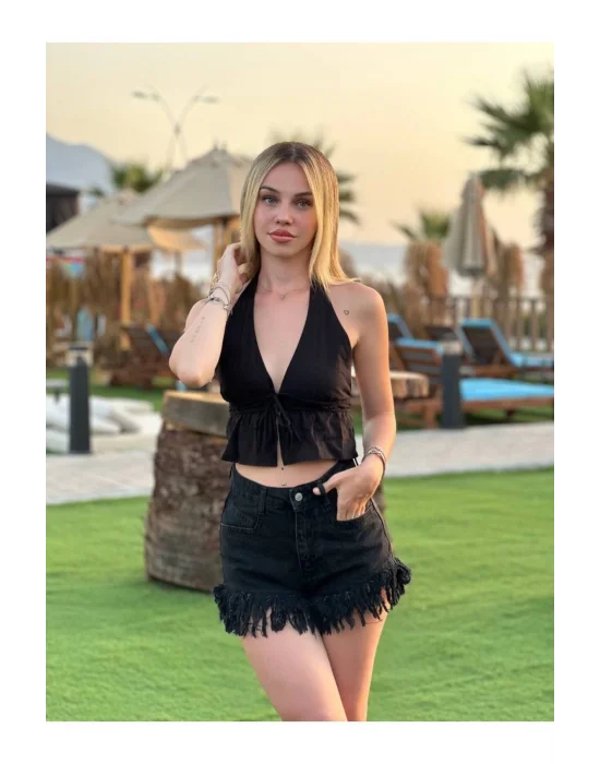 Kadın Pamuk Keten Sırt Dekolteli Halter Yaka Bağlamalı Crop Bluz