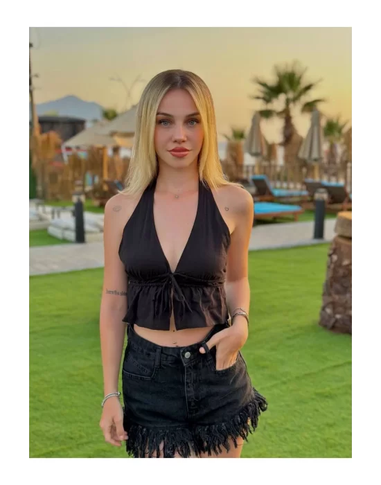 Kadın Pamuk Keten Sırt Dekolteli Halter Yaka Bağlamalı Crop Bluz