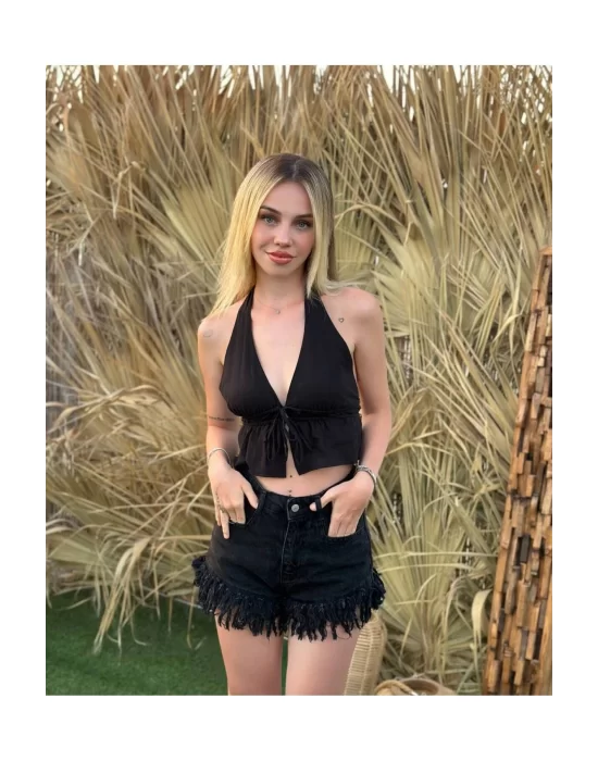 Kadın Pamuk Keten Sırt Dekolteli Halter Yaka Bağlamalı Crop Bluz