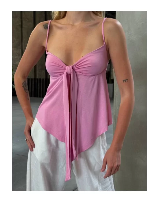 Önü Fiyonk Bağlamalı Asimetrik Askılı Crop Bluz