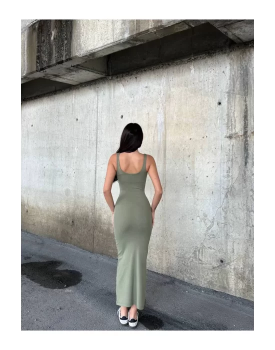 Kare Yaka Elbise – Korsaj Detaylı Midi Elbise