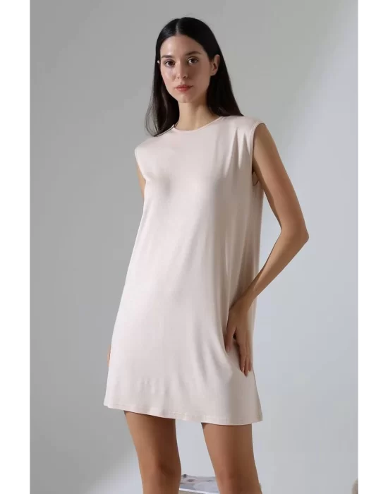 Kadın Krem Oversize Sıfır Kol Bisiklet Yaka Basic Günlük Içlik Tunik Viscon Kumaş