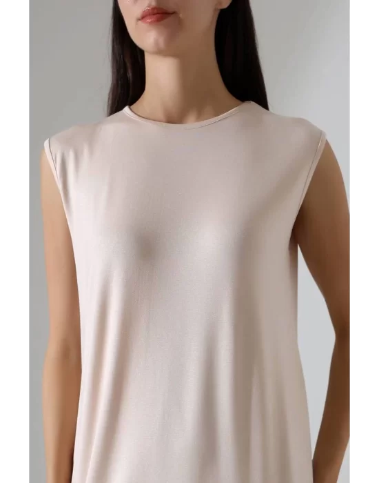 Kadın Krem Oversize Sıfır Kol Bisiklet Yaka Basic Günlük Içlik Tunik Viscon Kumaş
