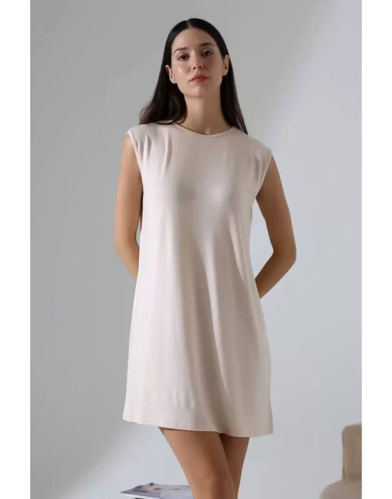 Kadın Krem Oversize Sıfır Kol Bisiklet Yaka Basic Günlük Içlik Tunik Viscon Kumaş
