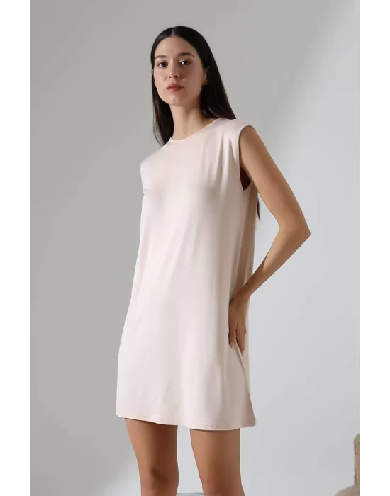 Kadın Krem Oversize Sıfır Kol Bisiklet Yaka Basic Günlük Içlik Tunik Viscon Kumaş
