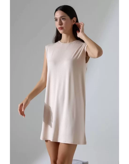 Kadın Krem Oversize Sıfır Kol Bisiklet Yaka Basic Günlük Içlik Tunik Viscon Kumaş