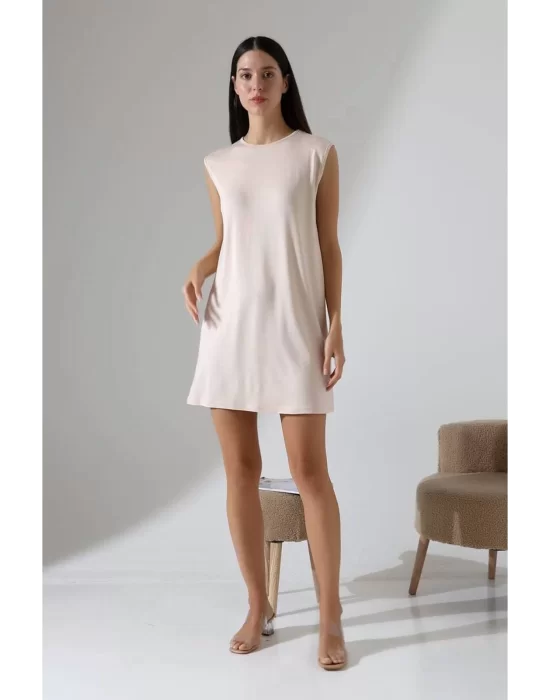 Kadın Krem Oversize Sıfır Kol Bisiklet Yaka Basic Günlük Içlik Tunik Viscon Kumaş
