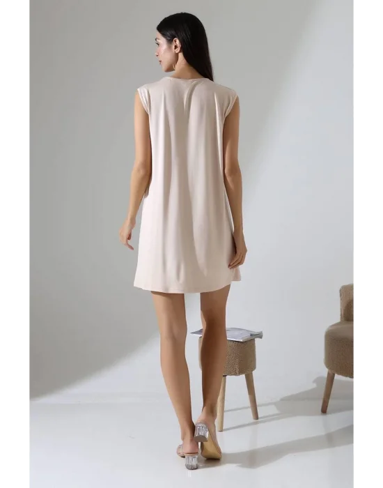 Kadın Krem Oversize Sıfır Kol Bisiklet Yaka Basic Günlük Içlik Tunik Viscon Kumaş