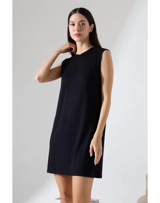 Kadın Siyah Oversize Sıfır Kol Bisiklet Yaka Basic Günlük Içlik Tunik Viscon Kumaş
