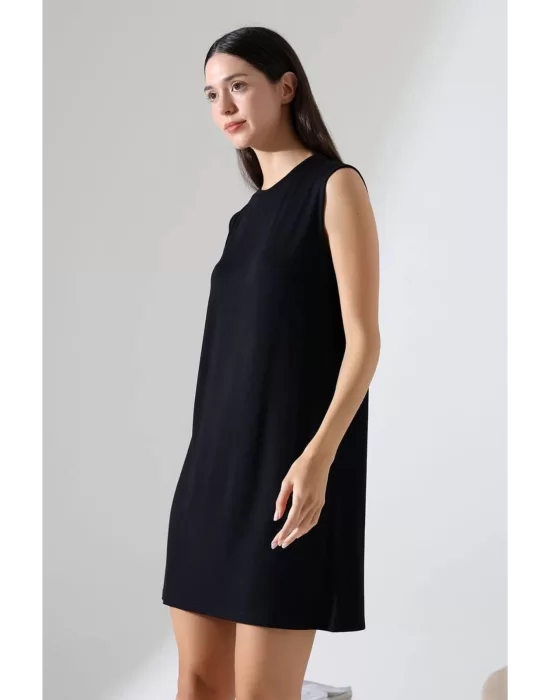 Kadın Siyah Oversize Sıfır Kol Bisiklet Yaka Basic Günlük Içlik Tunik Viscon Kumaş