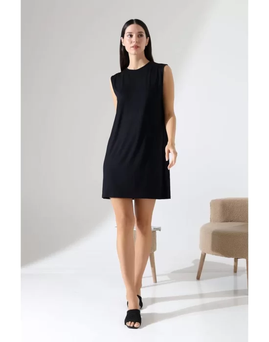 Kadın Siyah Oversize Sıfır Kol Bisiklet Yaka Basic Günlük Içlik Tunik Viscon Kumaş