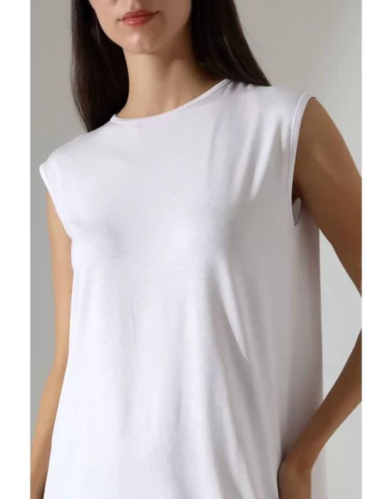 Kadın Beyaz Oversize Sıfır Kol Bisiklet Yaka Basic Günlük Içlik Tunik Viscon Kumaş