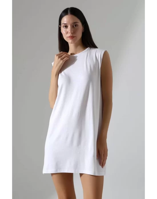 Kadın Beyaz Oversize Sıfır Kol Bisiklet Yaka Basic Günlük Içlik Tunik Viscon Kumaş