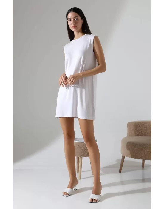 Kadın Beyaz Oversize Sıfır Kol Bisiklet Yaka Basic Günlük Içlik Tunik Viscon Kumaş